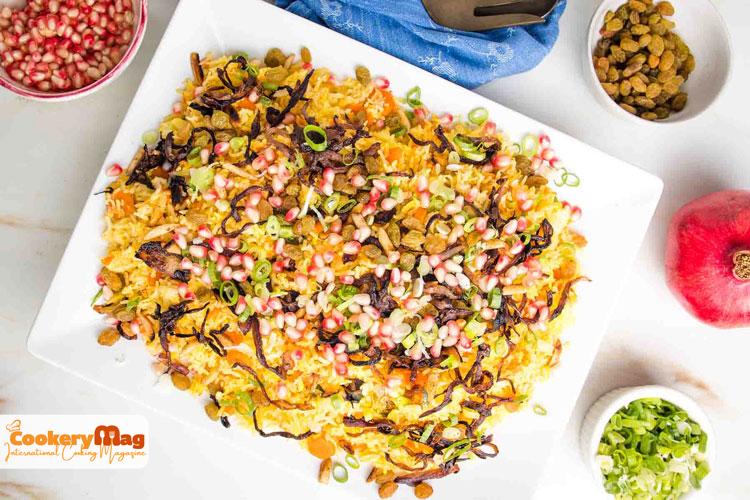 Jeweled Rice with onion on top morasa polo